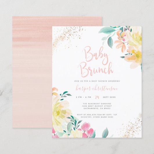 Budget Gold Blush Pink Floral Baby shower Brunch (Voorkant / Achterkant)