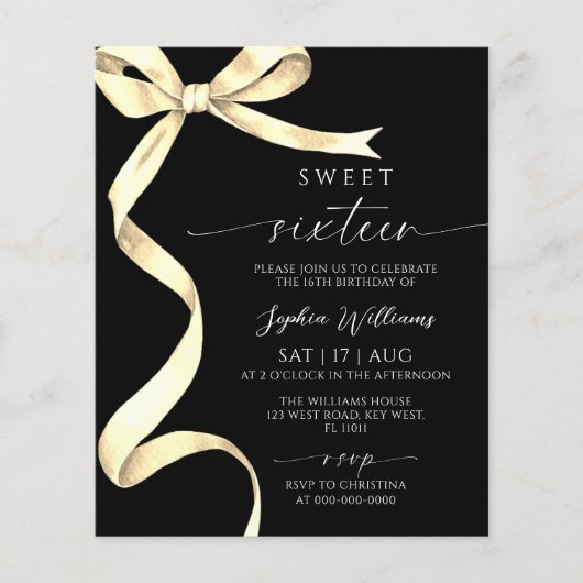 Budget Gold Bow Sweet 16 Verjaardag Uitnodiging (Voorkant)