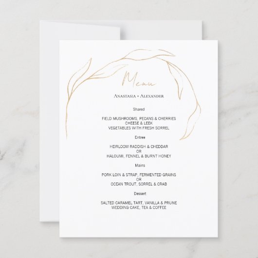 Budget Gold Floral WEDDING MENU. (Voorkant)