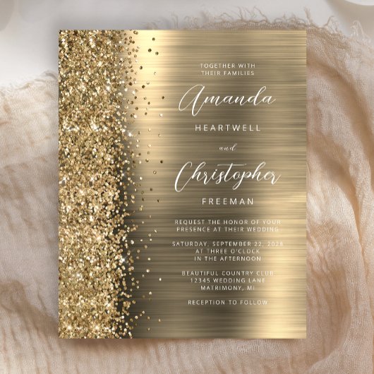 Budget Gold Glam Glitter Wedding Invitation