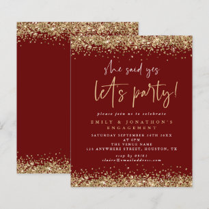 Budget Gold Glitter Burgundy Verloving Invite