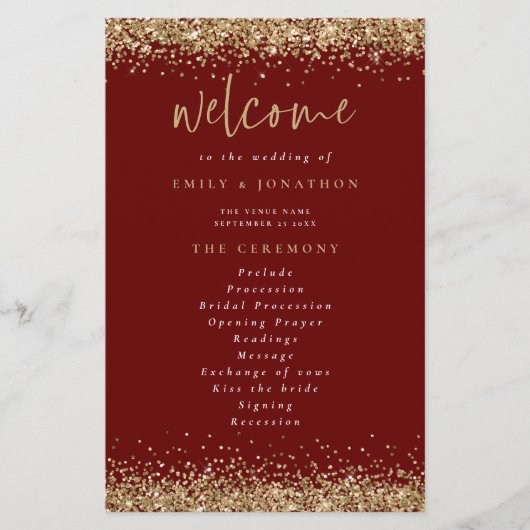 Budget Gold Glitter Burgundy Wedding Programme (Voorkant)