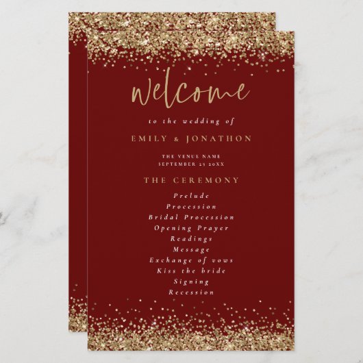 Budget Gold Glitter Burgundy Wedding Programme (Voorkant / Achterkant)