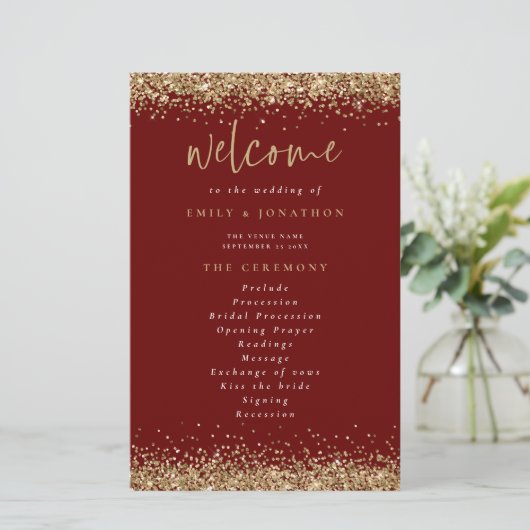 Budget Gold Glitter Burgundy Wedding Programme (Staand voorkant)