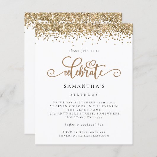 Budget Gold Glitter Celebrate Birthday Invite (Voorkant / Achterkant)