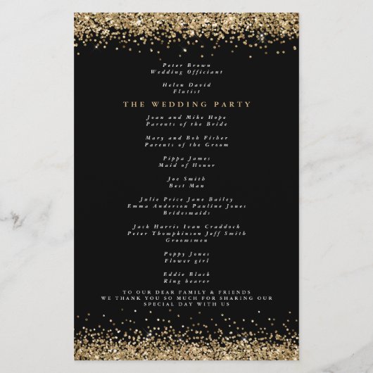 Budget Gold Glitter Confetti Black Wedding Program (Achterkant)