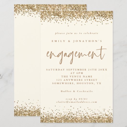 Budget Gold Glitter Cream Verloving Uitnodiging (Voorkant / Achterkant)