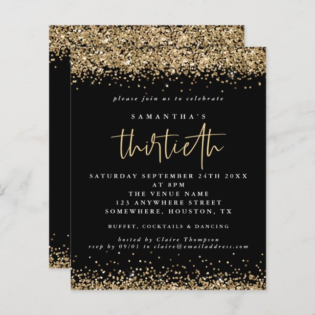 Budget Gold Glitter Dertigst Black Invite (Voorkant / Achterkant)