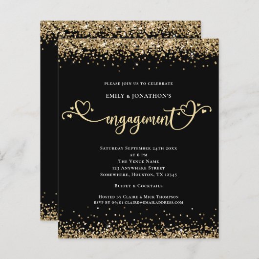 Budget Gold Glitter Heart Script Verloving Black (Voorkant / Achterkant)