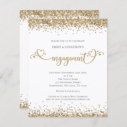 Budget Gold Glitter Heart Script Verloving Uitnodi (Voorkant / Achterkant)