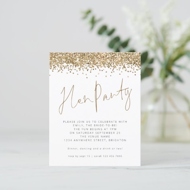 Budget Gold Glitter Hen Party Invitation (Staand voorkant)