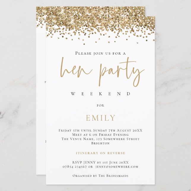 Budget Gold Glitter Hen Party Weekend Invite (Voorkant / Achterkant)