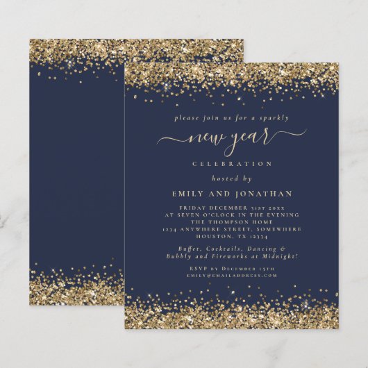 Budget Gold Glitter Navy Blue New Years Eve Party (Voorkant / Achterkant)