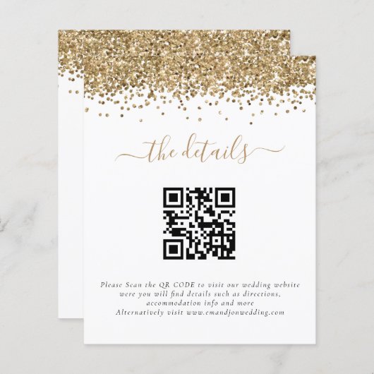 Budget Gold Glitter QR Code Weddenschap Details (Voorkant / Achterkant)