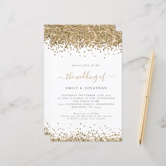 Budget Gold Glitter QR Code Weddenschap Uitnodigin (Voorkant / Achterkant in situ)
