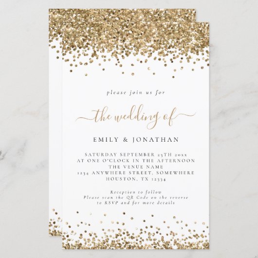 Budget Gold Glitter QR Code Weddenschap Uitnodigin (Voorkant / Achterkant)