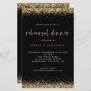 Budget Gold Glitter Rehearsal Dinner Black Invite