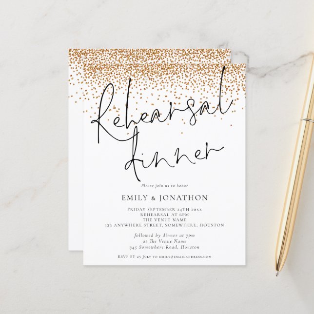 Budget Gold Glitter Rehearsal Dinner Invite (Voorkant / Achterkant in situ)