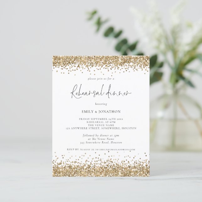 Budget Gold Glitter Rehearsal Dinner Uitnodiging (Staand voorkant)