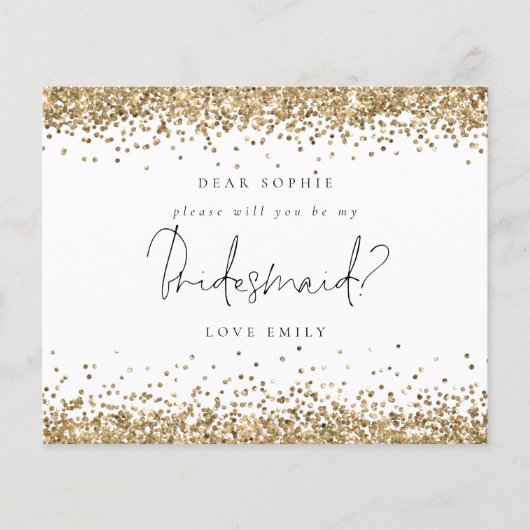 Budget Gold Glitter Script Bridesmaid Verzoek (Voorkant)