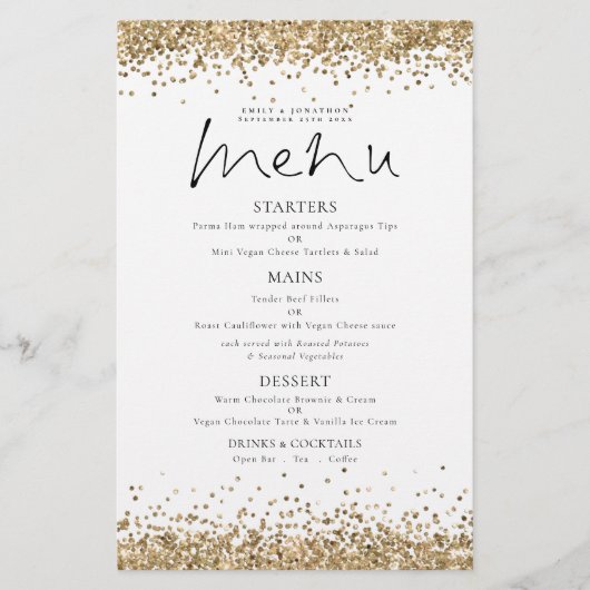 Budget Gold Glitter Script Weduwen Menu (Voorkant)