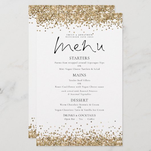 Budget Gold Glitter Script Weduwen Menu (Voorkant / Achterkant)