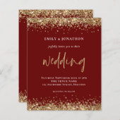 Budget Gold Glitter Wedding Burgundy Uitnodiging (Voorkant / Achterkant)