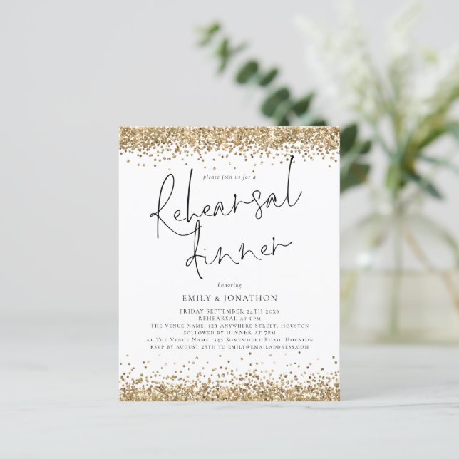 Budget Gold Glitter Wedding Rehearsal Dinner (Staand voorkant)