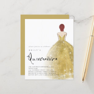 Budget Gold Gown Girl Auburn Hair QR Quinceañera