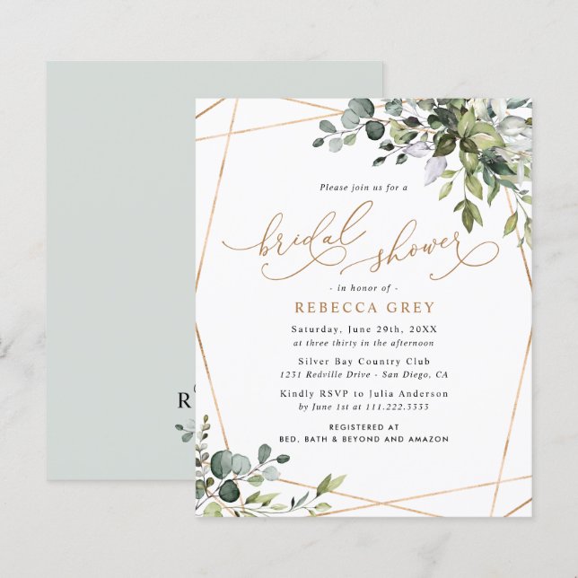 Budget Gold Greenery Bridal Shower Invitation (Voorkant / Achterkant)