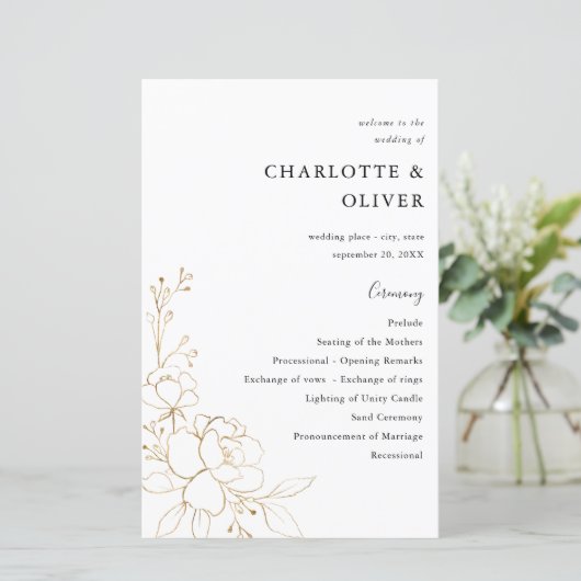 Budget Gold-led Floral Wedding Programme MEDIUM (Staand voorkant)