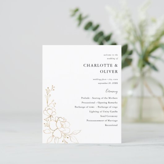 Budget Gold Lined Floral Wedding Ceremony Programm (Staand voorkant)