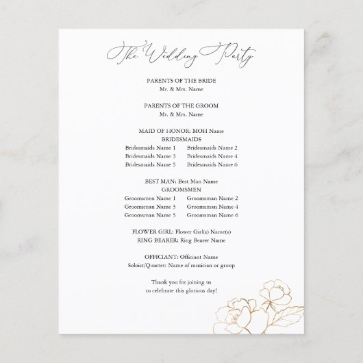 Budget Gold Lined Floral Wedding Ceremony Programm (Achterkant)