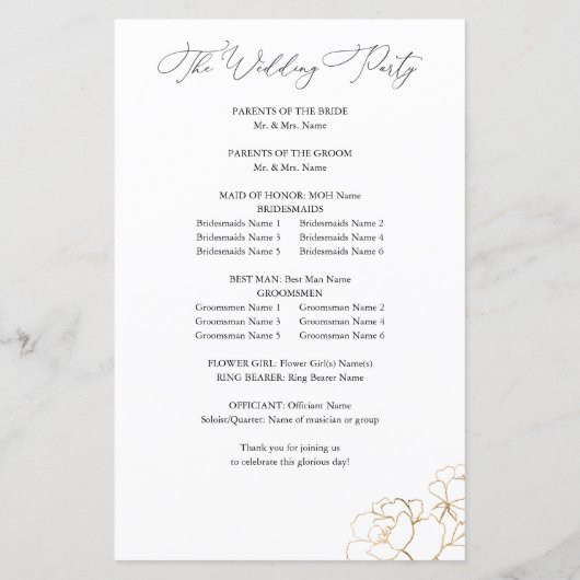 Budget Gold Lined Floral Wedding Programme MOYEN (Dos)