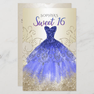 Budget Gold Royal Blue Dress Sweet 16 Uitnodiging