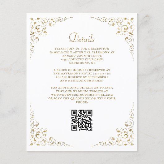 Budget Gold Script Foliage QR-code bruiloft Uitnod (Achterkant)