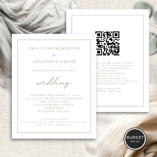 Budget Gold Script QR Code Weduwen Uitnodiging