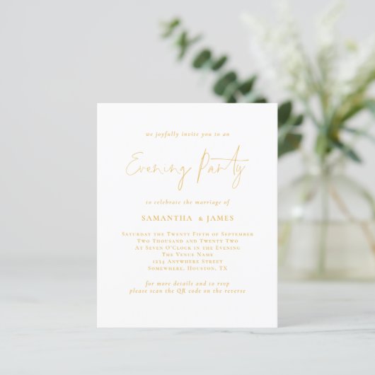 Budget Gold Script QR Evening Party Wedding Invite (Staand voorkant)