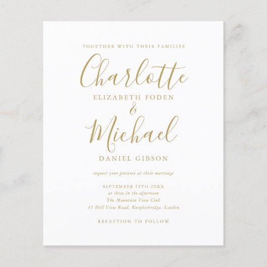 Budget Gold Script Wedding Invitation (Voorkant)