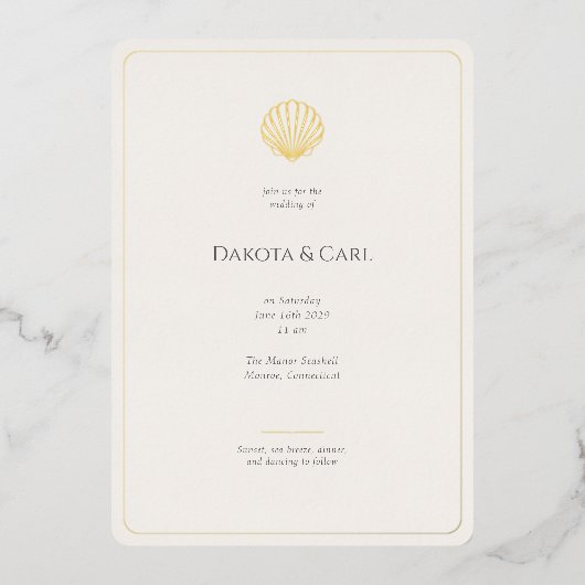 Budget Gold Seashell All-in-One Wedding invitation (Recto)