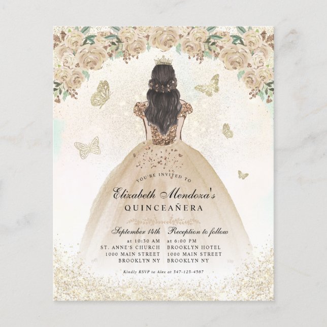 Budget Gouden Glitter Bloemen Prinses Quinceañera (Voorkant)