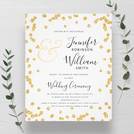 BUDGET Gouden Glitter Confetti Script Bruiloft Flyer