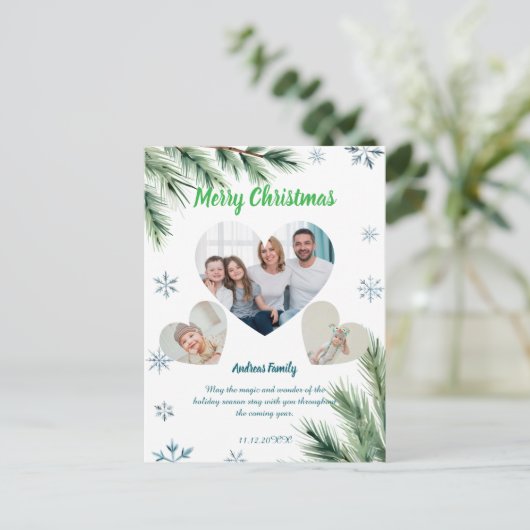 Budget Green Christmas 3 Photo Holiday Card Feestdagenkaart (Staand voorkant)