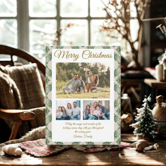 Budget Green Christmas Plaid 3 Photo Holiday Card Feestdagenkaart