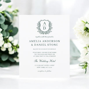 Budget Green Crest Monogram Huwelijksuitnodiging