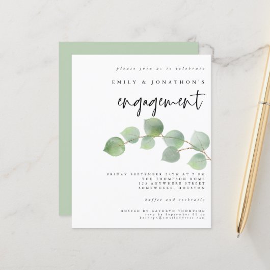 Budget Green Eucalyptus Verloving Invitation (Voorkant / Achterkant in situ)
