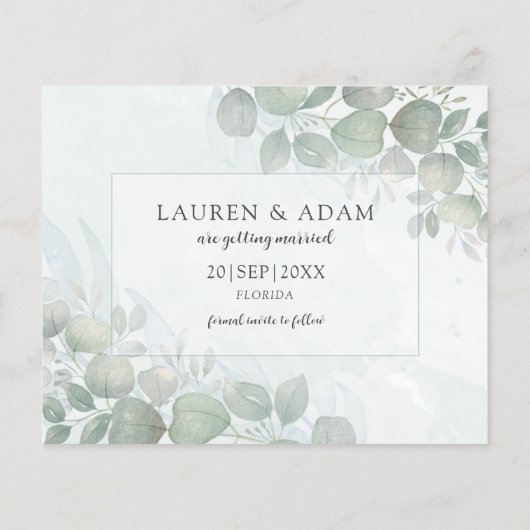 Budget Green Eucalyptus Wedding Save the Date (Achterkant)