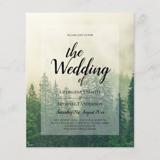 BUDGET Green Forest Pine Trees Wedding INVITE (Voorkant)