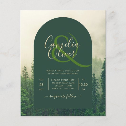 BUDGET Green Forest Pine Trees Wedding INVITE (Voorkant)