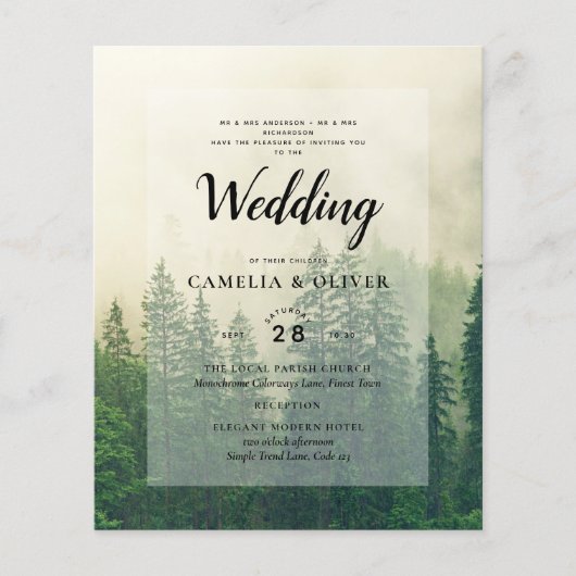 BUDGET Green Forest Pine Trees Wedding INVITE Flyer (Voorkant)
